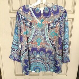 Chicos Womens Size 1 Top Paisley Blouse Blue/Aqua 3/4 Sleeve V Neck Poly Used